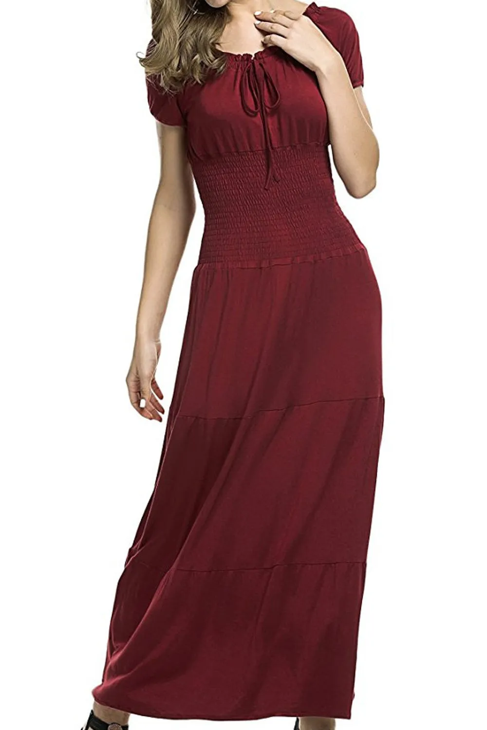 Ketty More Women Short Sleeve Flattering Fit Pleated Long Dress-KMWD337
