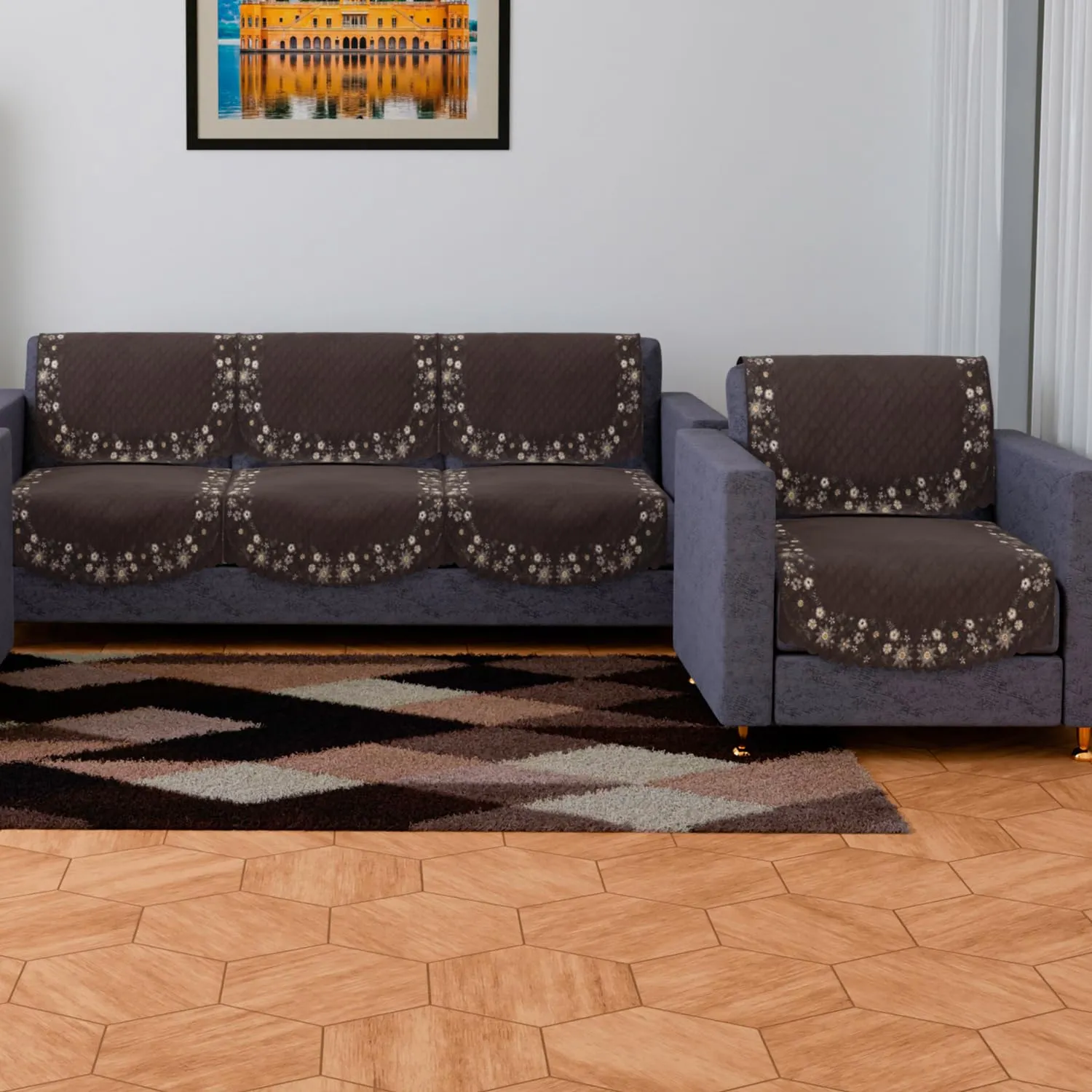 Kuber Industries Sofa Cover | 3 1 Seater Sofa Slip Cover Set | Digital Painting Sofa Cover | Suede Ultra Sonic Couch Cover | Sofa Slipcover Set Living Room | Brown