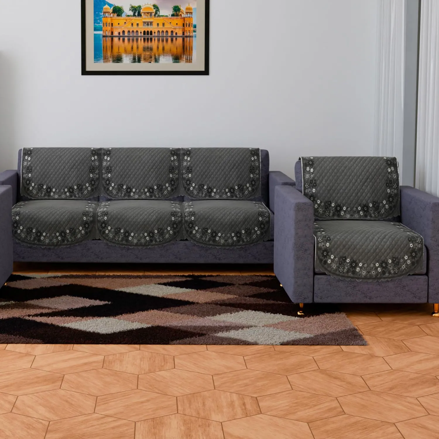 Kuber Industries Sofa Cover | 3 1 Seater Sofa Slip Cover Set | Digital Painting Sofa Cover | Suede Ultra Sonic Couch Cover | Sofa Slipcover Set Living Room | Gray