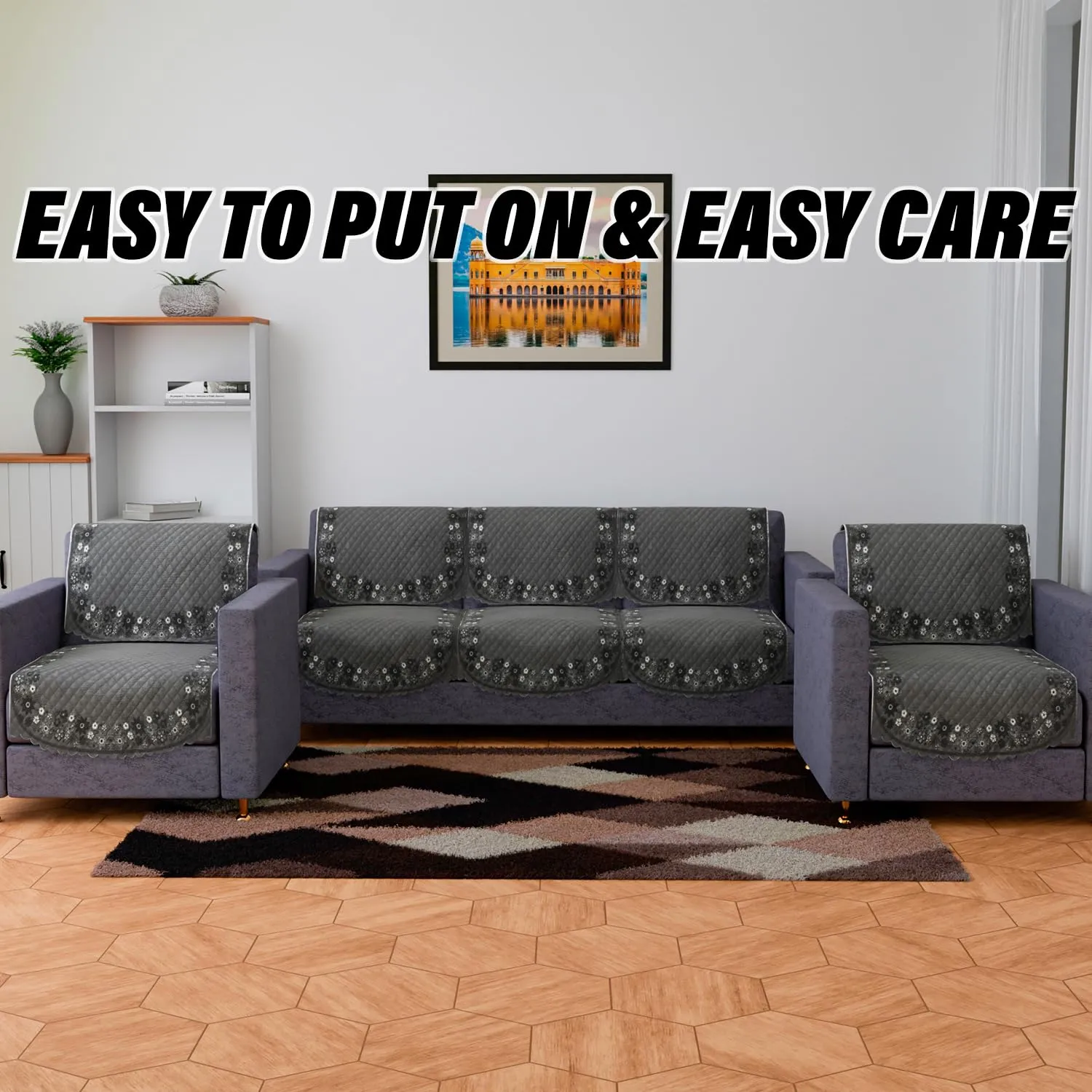 Kuber Industries Sofa Cover | 3 1 Seater Sofa Slip Cover Set | Digital Painting Sofa Cover | Suede Ultra Sonic Couch Cover | Sofa Slipcover Set Living Room | Gray