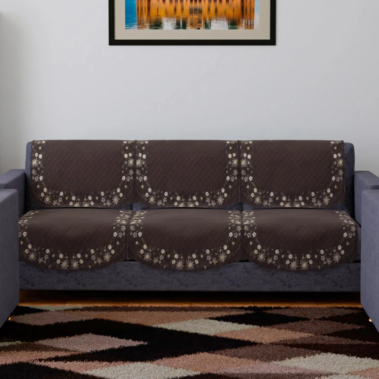 Kuber Industries Sofa Cover | 3 Seater Sofa Slip Cover Set | Digital Painting Sofa Cover | Suede Ultra Sonic Couch Cover | Sofa Slipcover Set Living Room | Brown