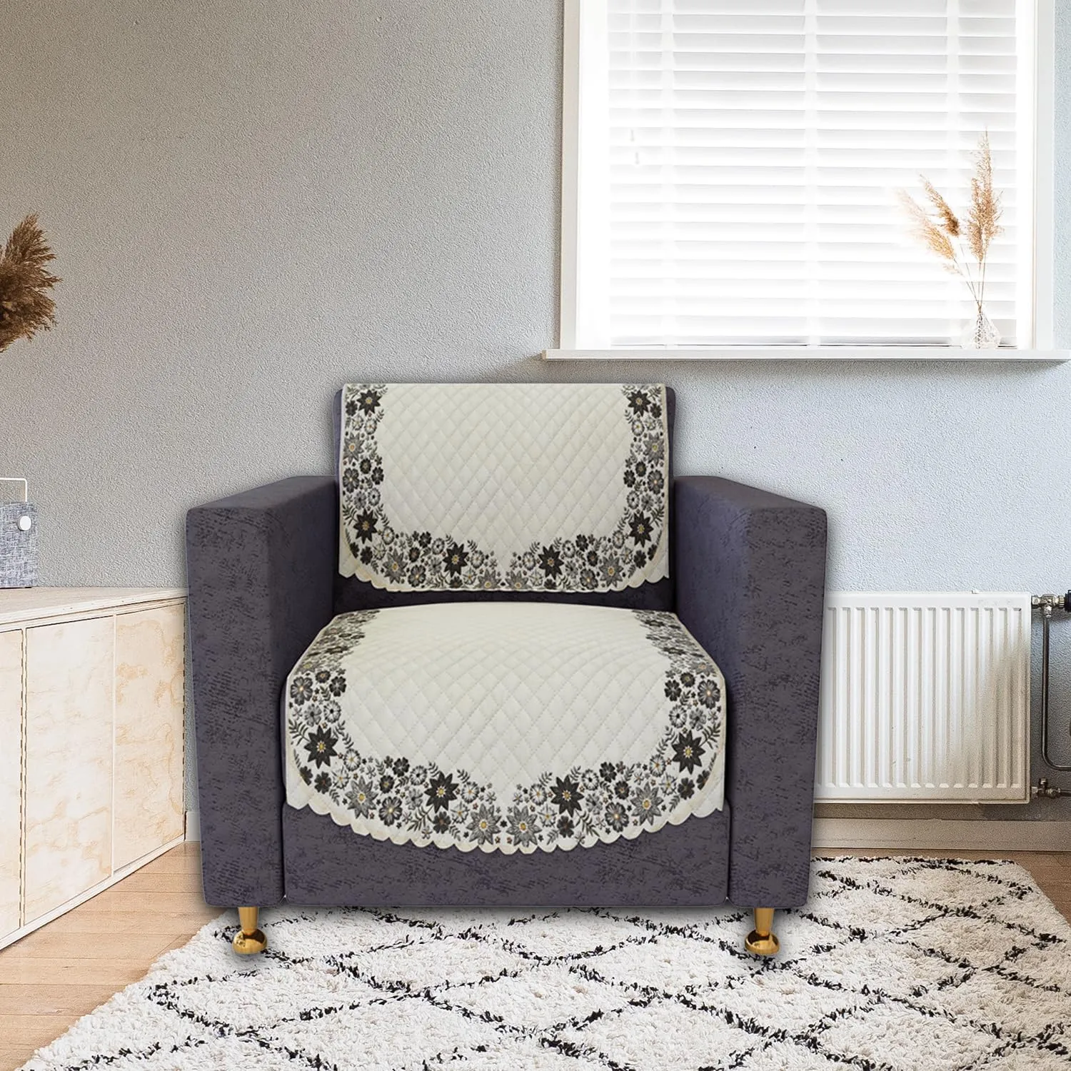 Kuber Industries Sofa Cover | Single Seater Sofa Slip Cover Set | Digital Painting Sofa Cover | Suede Ultra Sonic Couch Cover | Sofa Slipcover Set Living Room | Cream