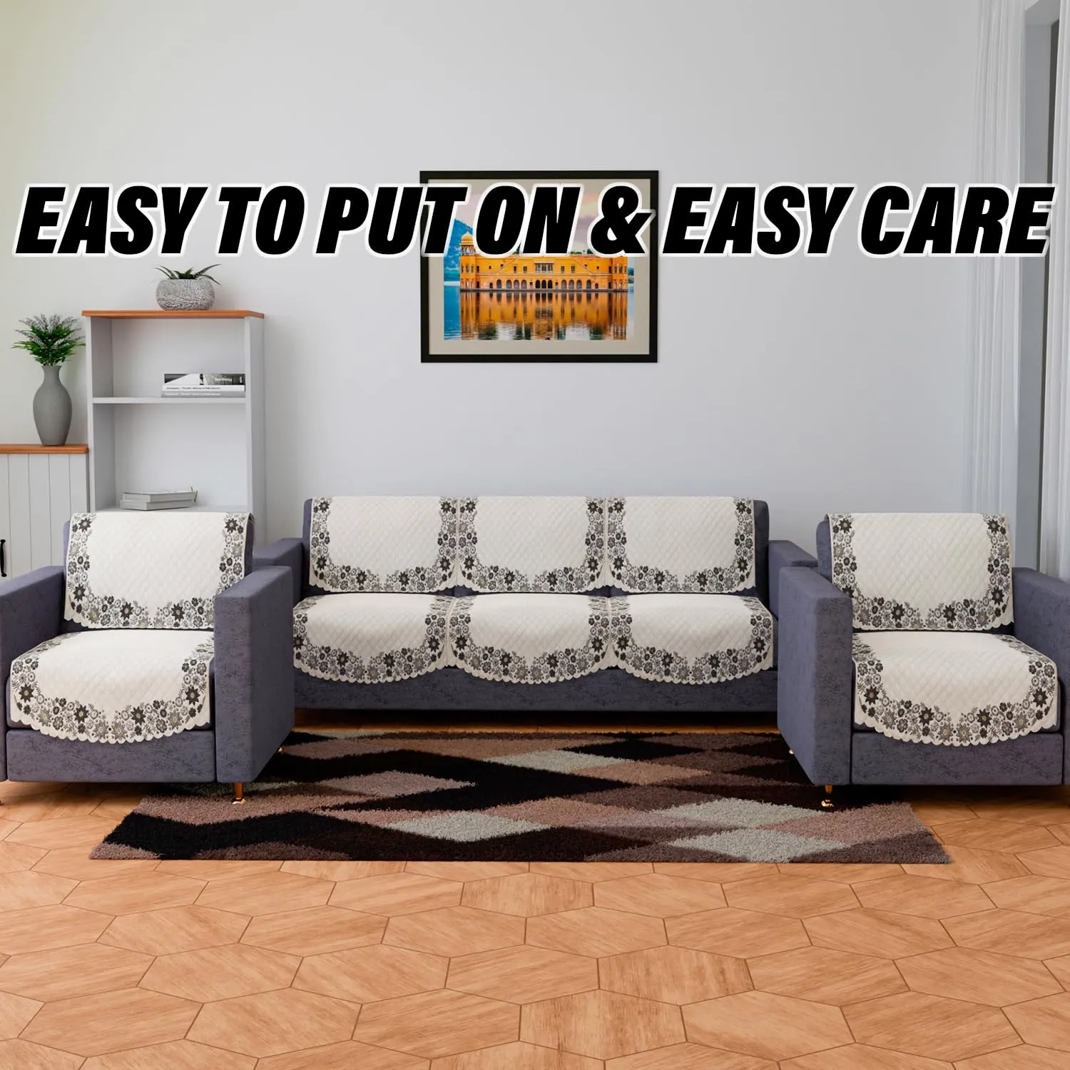 Kuber Industries Sofa Cover | Single Seater Sofa Slip Cover Set | Digital Painting Sofa Cover | Suede Ultra Sonic Couch Cover | Sofa Slipcover Set Living Room | Cream