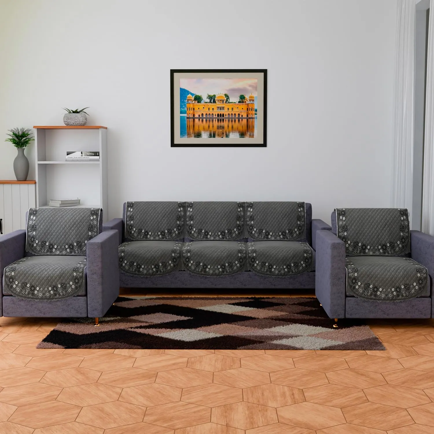 Kuber Industries Sofa Cover | Velvet Sofa Cover Set | Digital Painting Quilted Sofa Set | Suede Ultra Sonic Couch Cover | Sofa Cover for Living Room | Sofa Cover for Hall | Gray