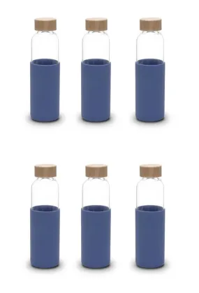 Kuber Industries Water Bottle | Glass Bottle | Sleeve Protection Bottle | Bamboo Lid Water Bottle | Travel Round Bottle | 550 ML | Set of 6 | Blue
