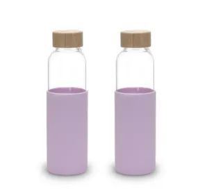 Kuber Industries Water Bottle | Glass Bottle | Sleeve Protection Bottle | Bamboo Lid Water Bottle | Travel Round Bottle | XB5501-PURP | 550 ML | Set of 2 | Purple