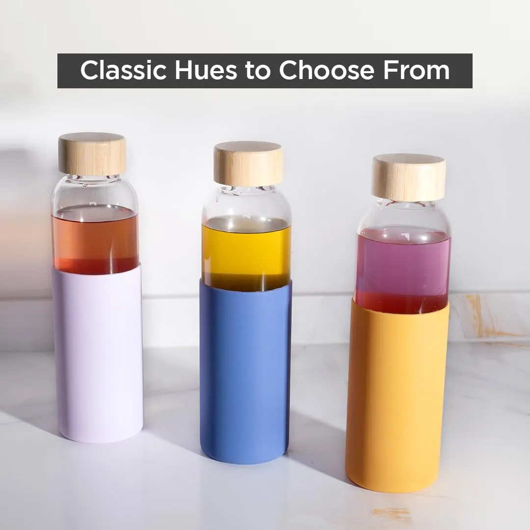 Kuber Industries Water Bottle | Glass Bottle | Sleeve Protection Bottle | Bamboo Lid Water Bottle | Travel Round Bottle | XB5501-PURP | 550 ML | Set of 2 | Purple
