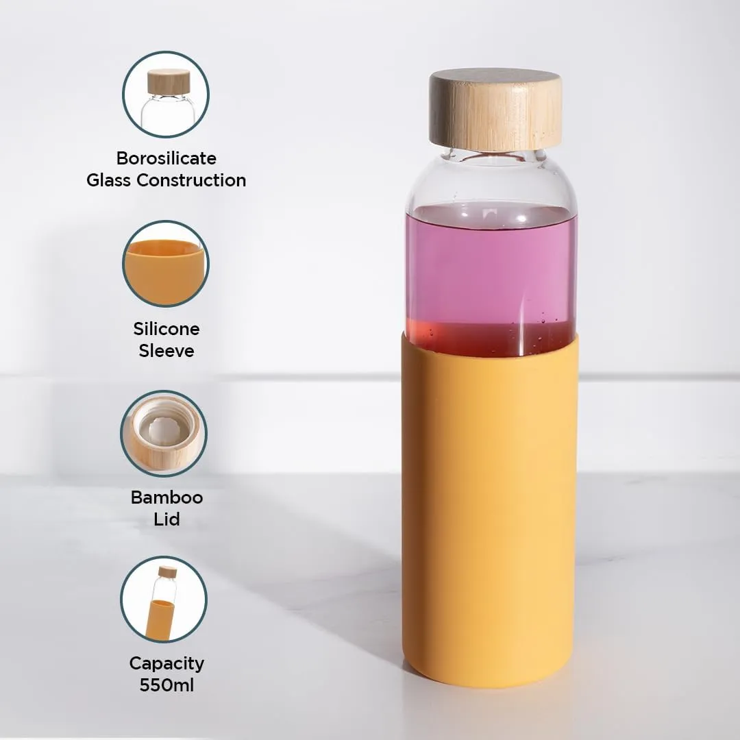 Kuber Industries Water Bottle | Glass Bottle | Sleeve Protection Bottle | Bamboo Lid Water Bottle | Travel Round Bottle | XB5501-YEL | 550 ML | Yellow