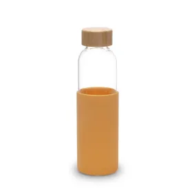 Kuber Industries Water Bottle | Glass Bottle | Sleeve Protection Bottle | Bamboo Lid Water Bottle | Travel Round Bottle | XB5501-YEL | 550 ML | Yellow