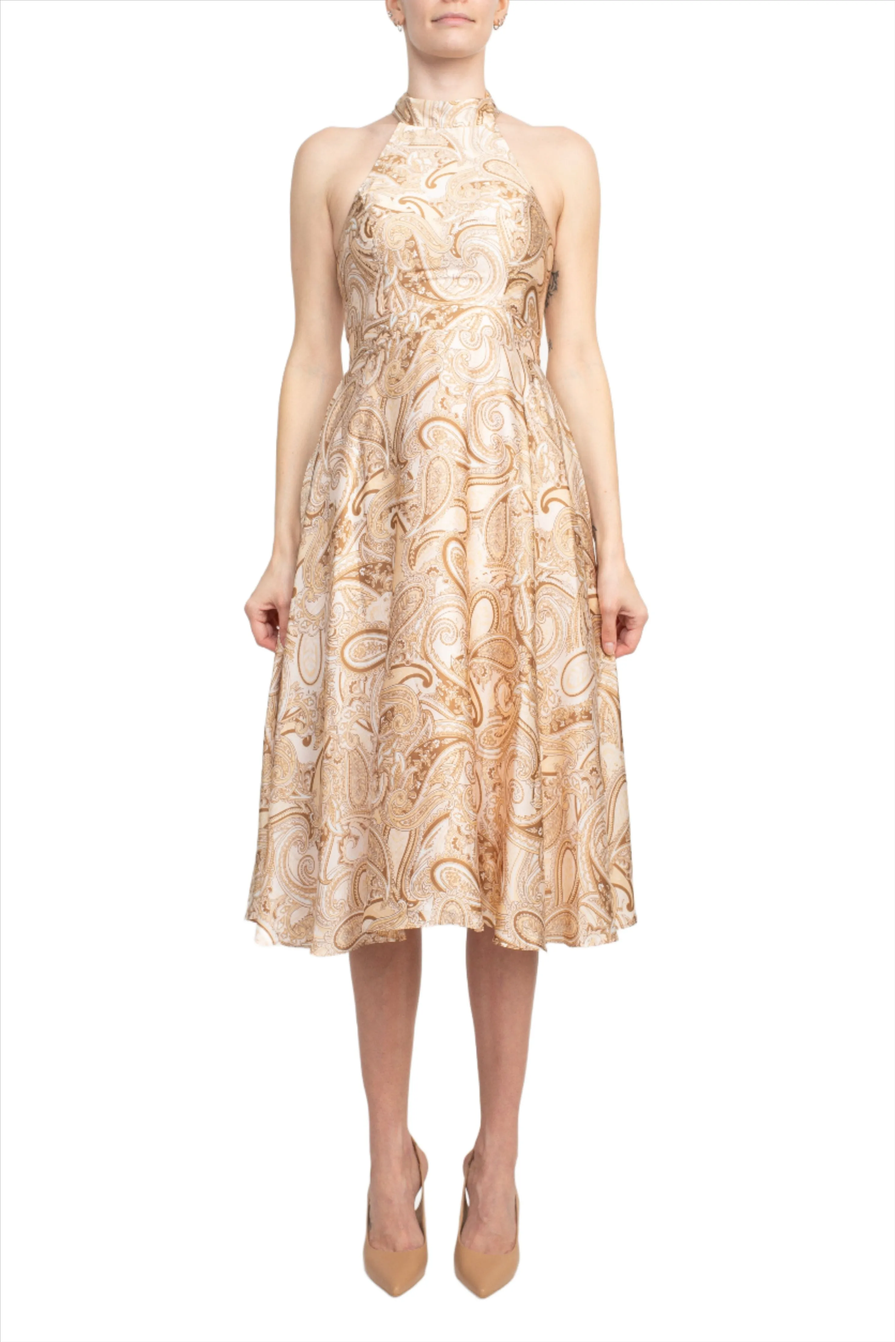 Laundry Tie Back Halter Neck Zipper Back Paisley Print Fit and Flare Satin Midi Dress