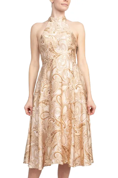 Laundry Tie Back Halter Neck Zipper Back Paisley Print Fit and Flare Satin Midi Dress