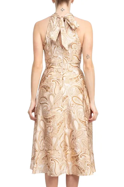 Laundry Tie Back Halter Neck Zipper Back Paisley Print Fit and Flare Satin Midi Dress