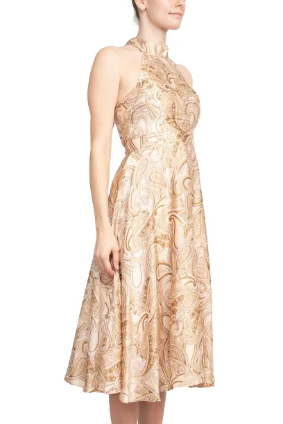 Laundry Tie Back Halter Neck Zipper Back Paisley Print Fit and Flare Satin Midi Dress