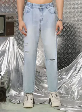 Light Blue Minimalist Ripped Letter Print Denim Jeans