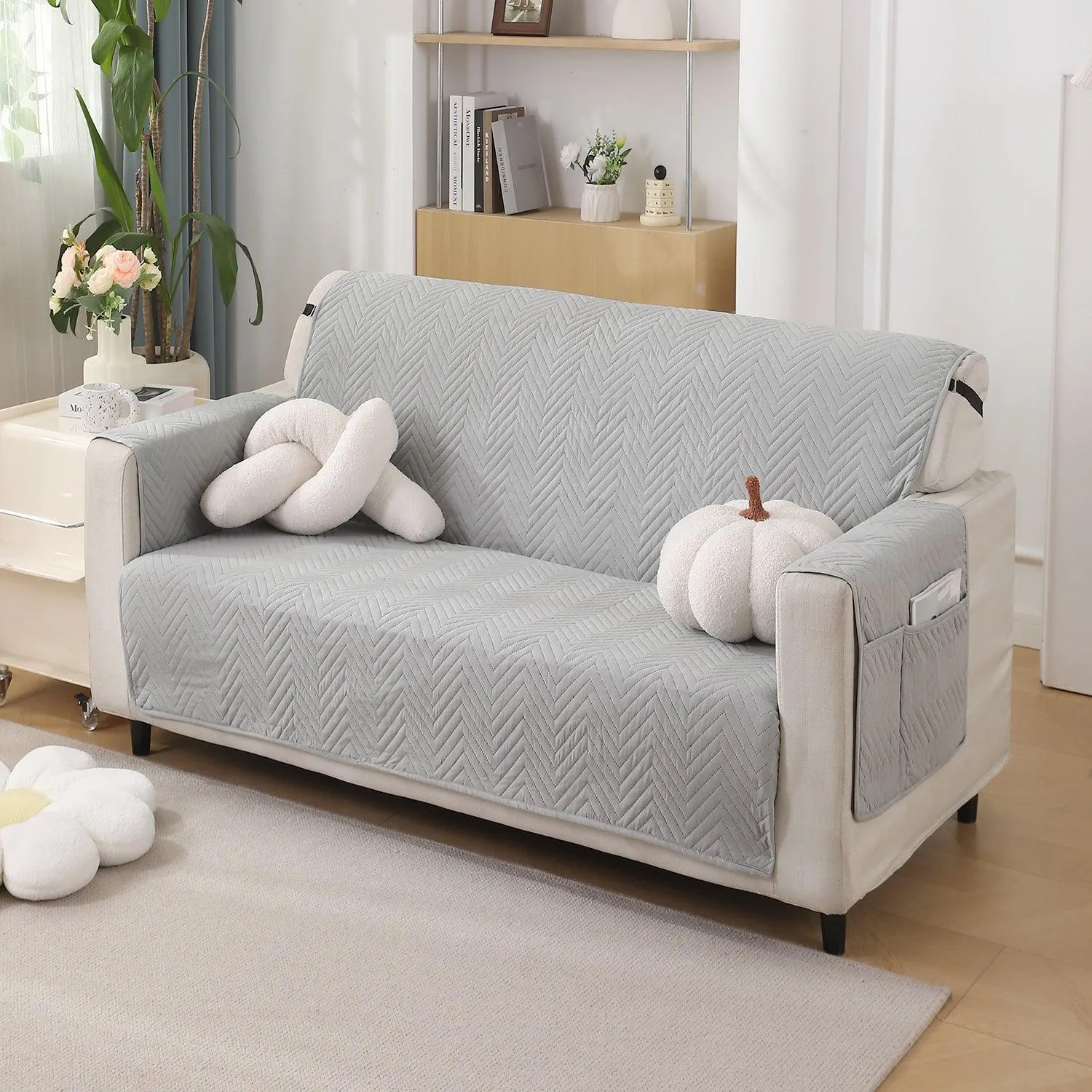 Light Grey Quilted Sofa Mat Cover with Pockets | Non-Slip & Full Fitted | 1/2/3 Seater