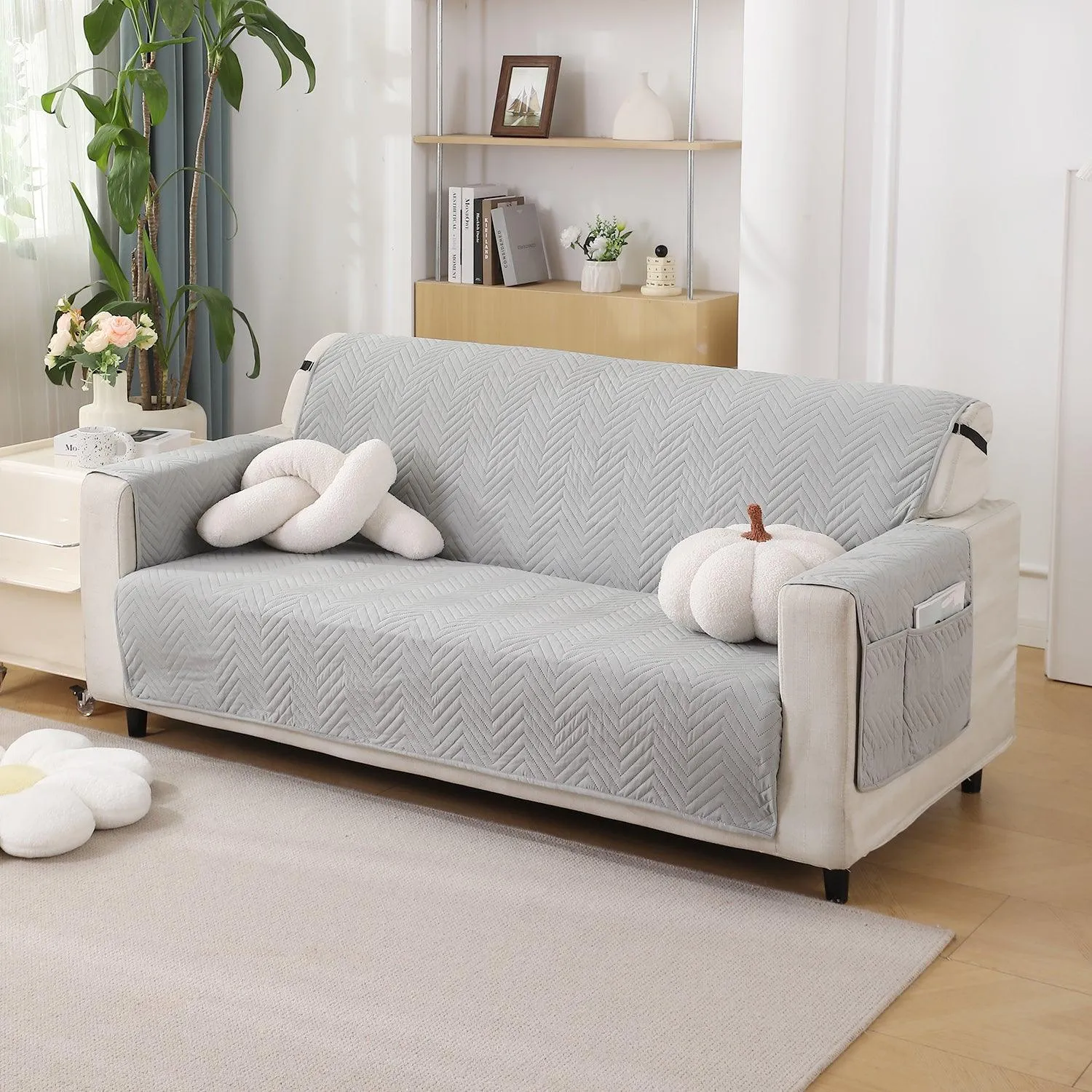 Light Grey Quilted Sofa Mat Cover with Pockets | Non-Slip & Full Fitted | 1/2/3 Seater