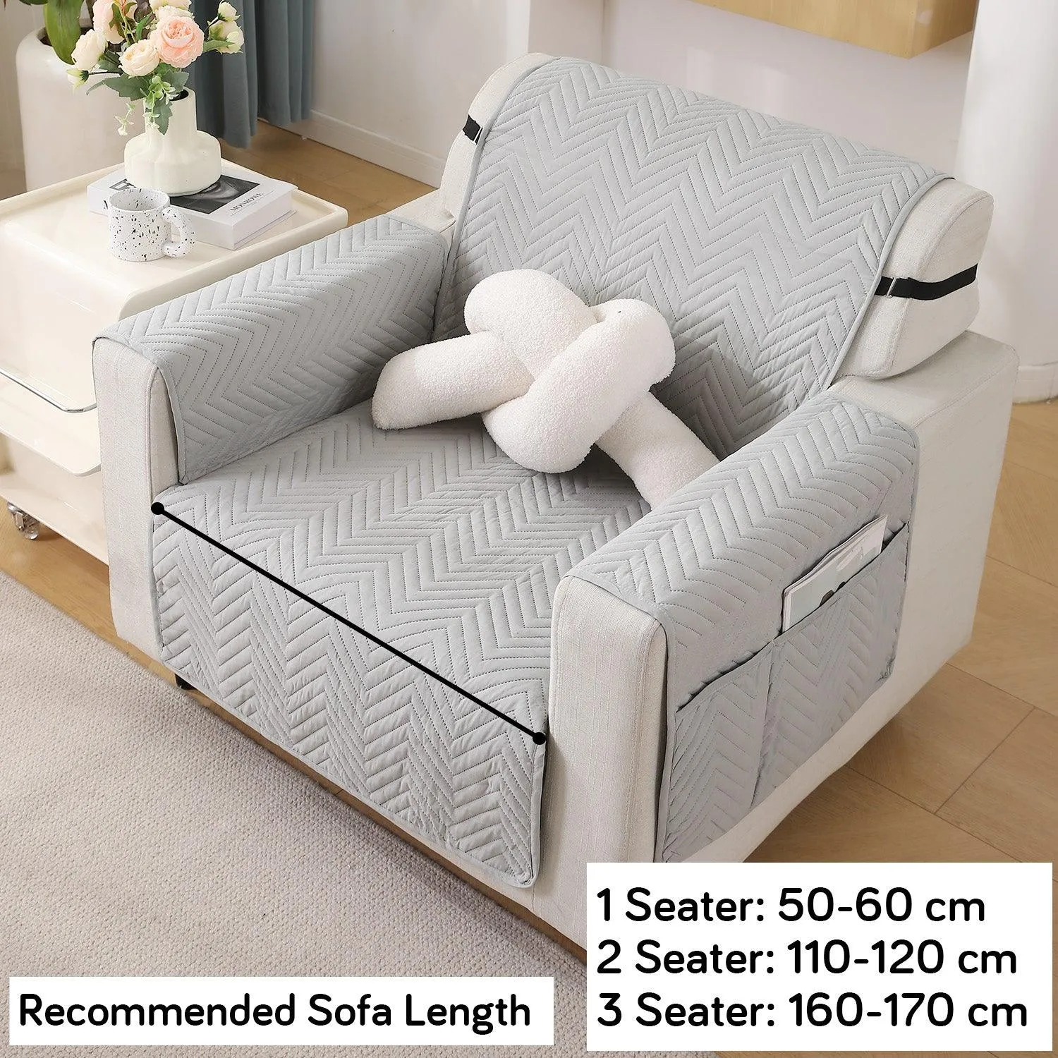 Light Grey Quilted Sofa Mat Cover with Pockets | Non-Slip & Full Fitted | 1/2/3 Seater