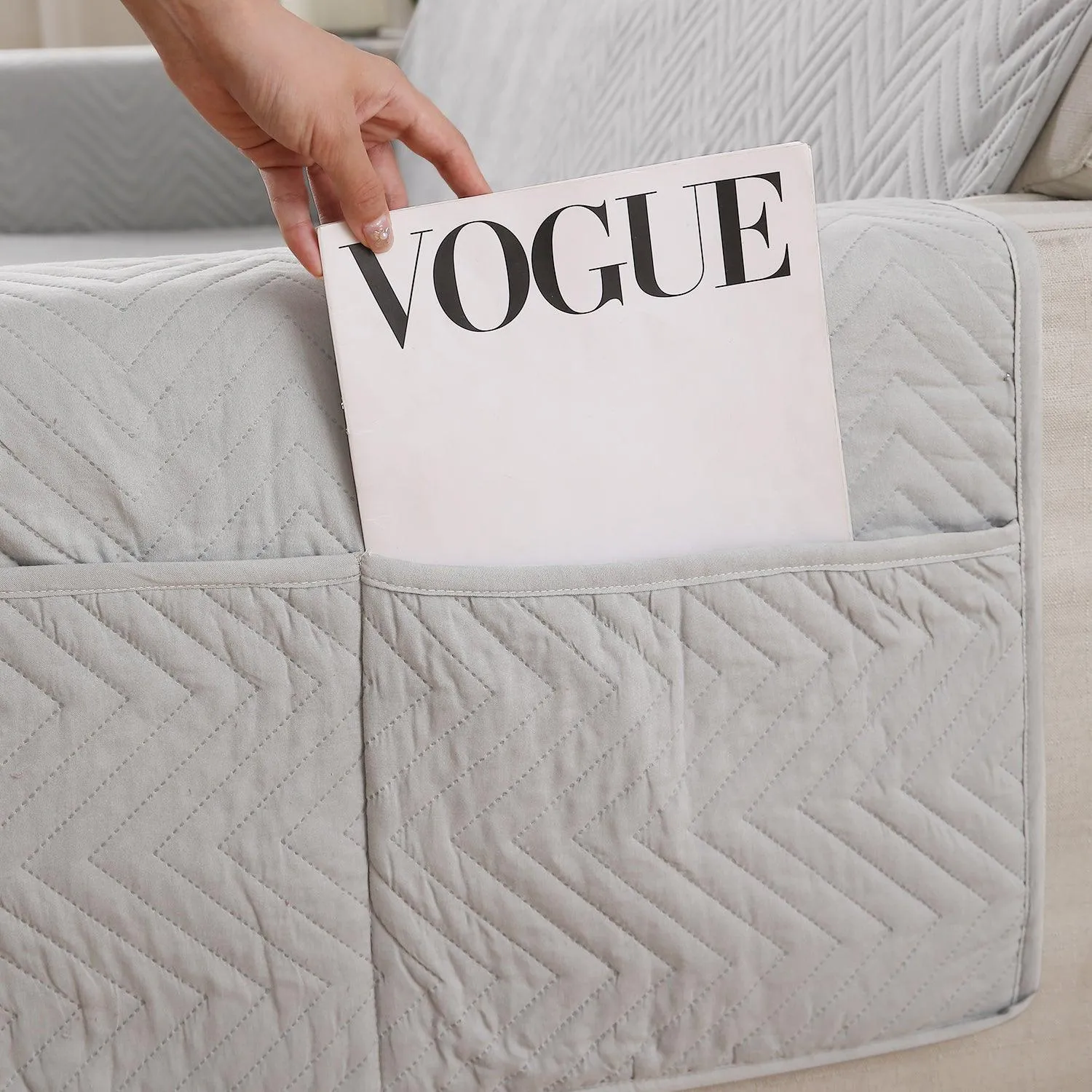 Light Grey Quilted Sofa Mat Cover with Pockets | Non-Slip & Full Fitted | 1/2/3 Seater