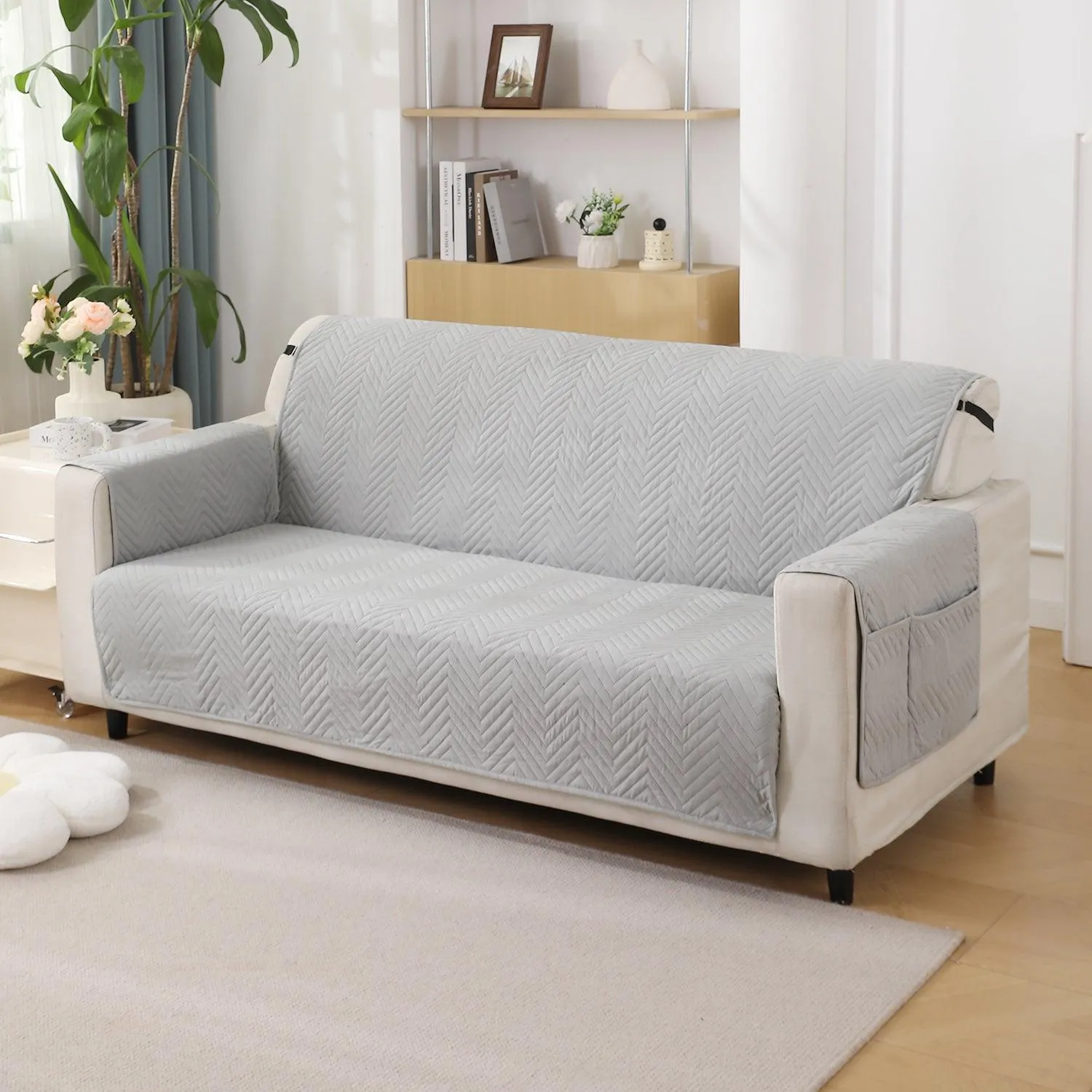 Light Grey Quilted Sofa Mat Cover with Pockets | Non-Slip & Full Fitted | 1/2/3 Seater