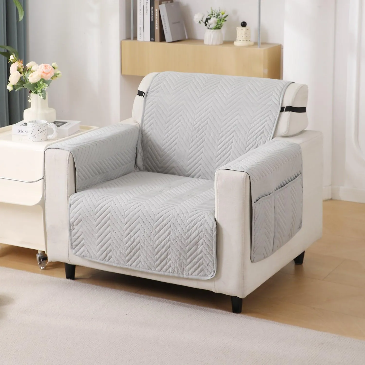 Light Grey Quilted Sofa Mat Cover with Pockets | Non-Slip & Full Fitted | 1/2/3 Seater