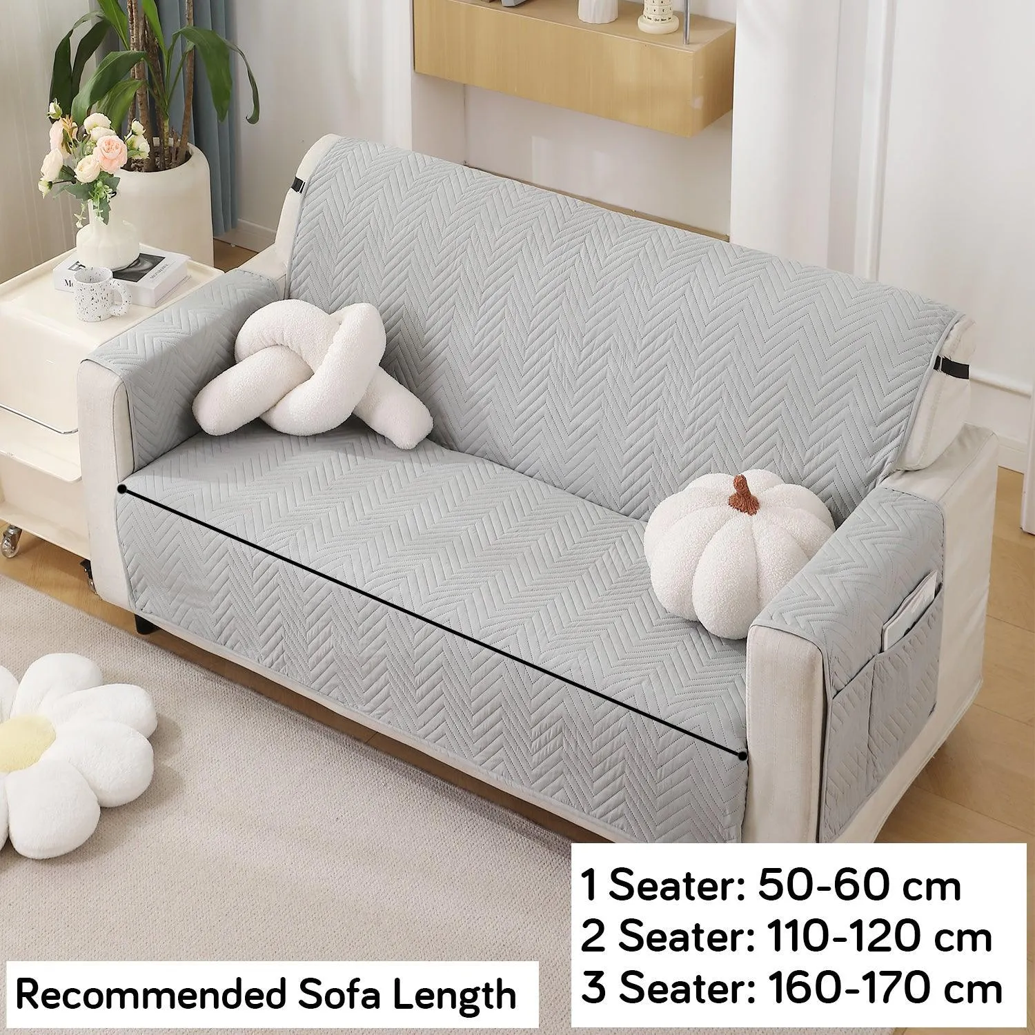 Light Grey Quilted Sofa Mat Cover with Pockets | Non-Slip & Full Fitted | 1/2/3 Seater
