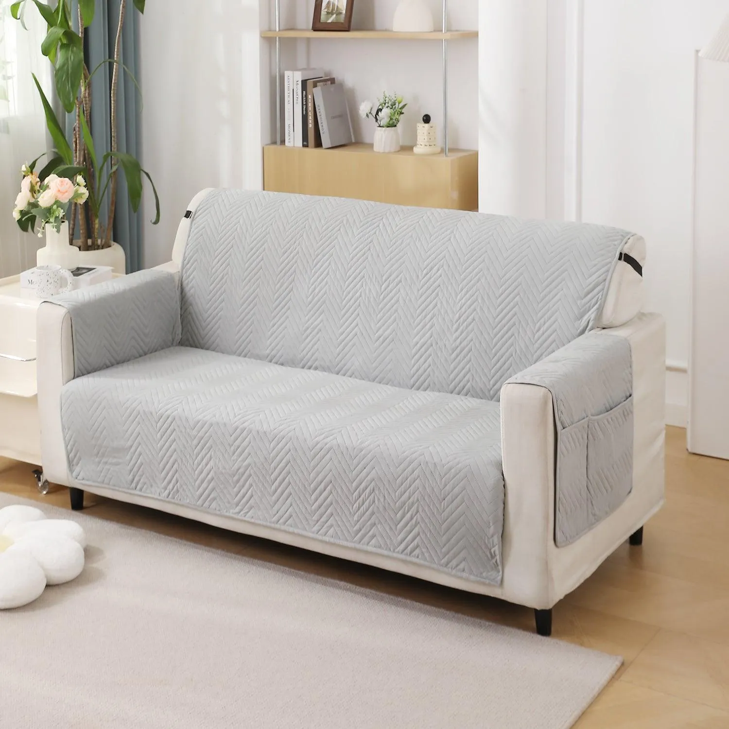 Light Grey Quilted Sofa Mat Cover with Pockets | Non-Slip & Full Fitted | 1/2/3 Seater