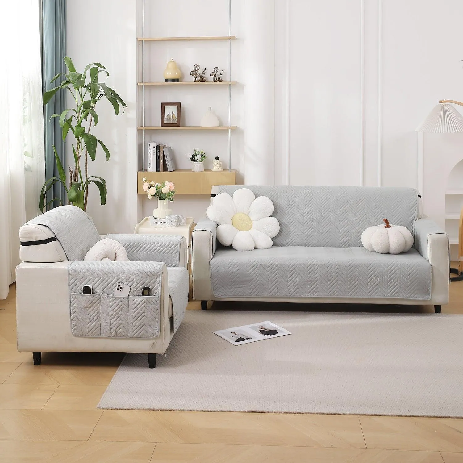 Light Grey Quilted Sofa Mat Cover with Pockets | Non-Slip & Full Fitted | 1/2/3 Seater