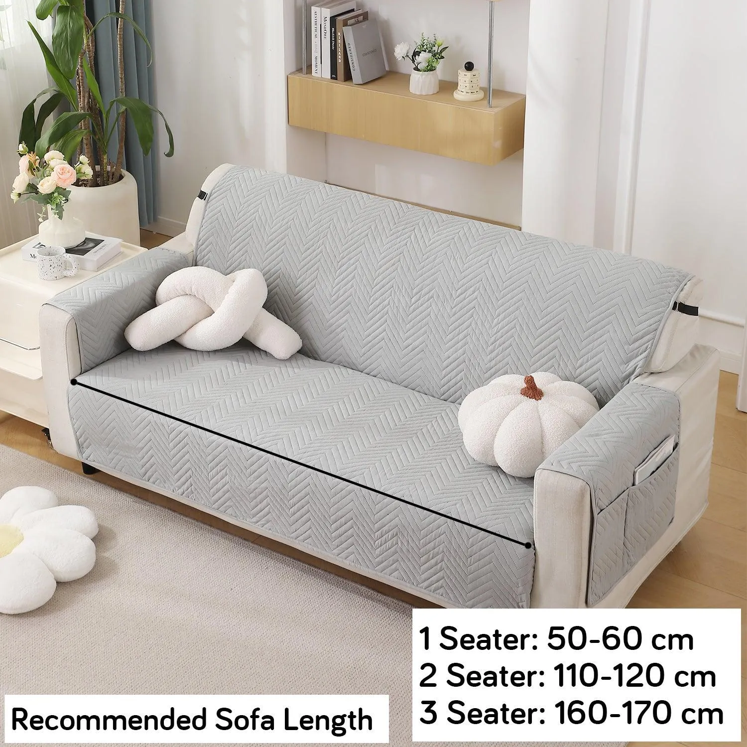 Light Grey Quilted Sofa Mat Cover with Pockets | Non-Slip & Full Fitted | 1/2/3 Seater