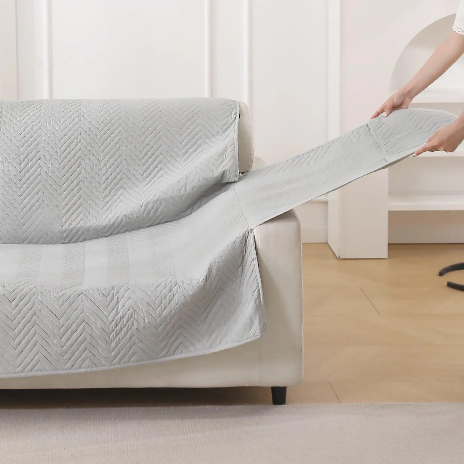 Light Grey Quilted Sofa Mat Cover with Pockets | Non-Slip & Full Fitted | 1/2/3 Seater