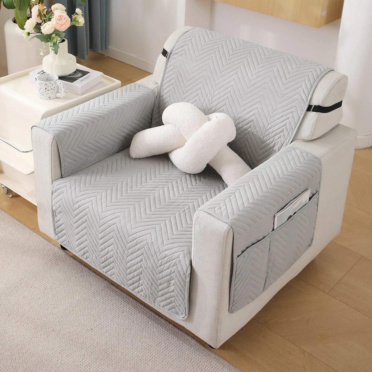 Light Grey Quilted Sofa Mat Cover with Pockets | Non-Slip & Full Fitted | 1/2/3 Seater
