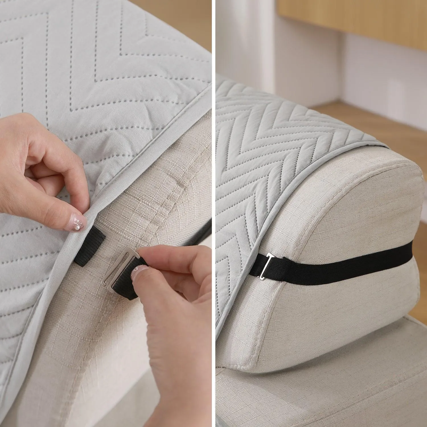 Light Grey Quilted Sofa Mat Cover with Pockets | Non-Slip & Full Fitted | 1/2/3 Seater