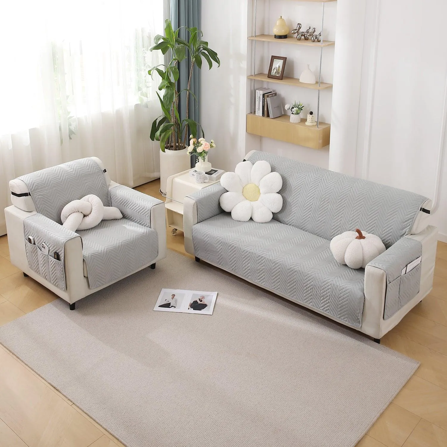 Light Grey Quilted Sofa Mat Cover with Pockets | Non-Slip & Full Fitted | 1/2/3 Seater