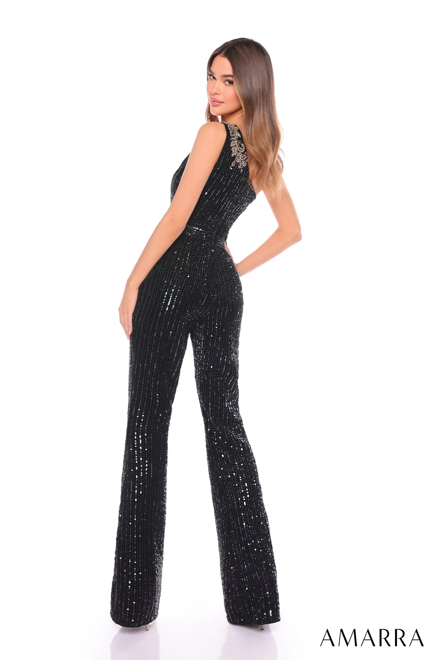 Linear Sequin One Shoulder Jumpsuit by Amarra 88136