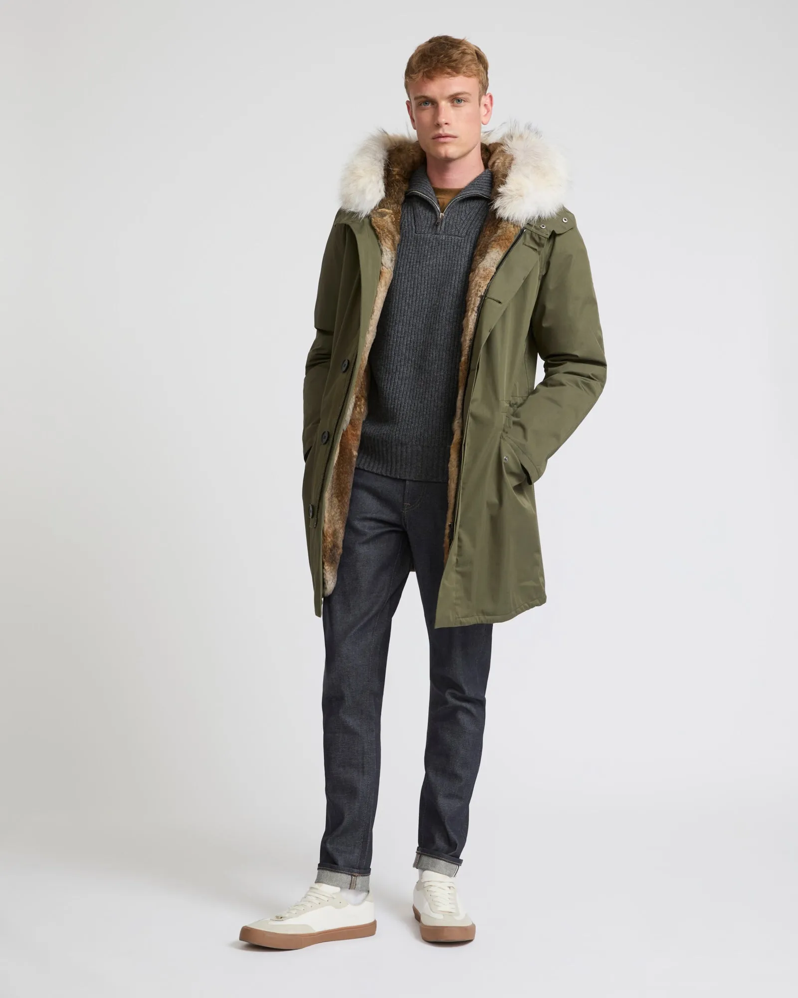 Long iconic parka in technical cotton and fur