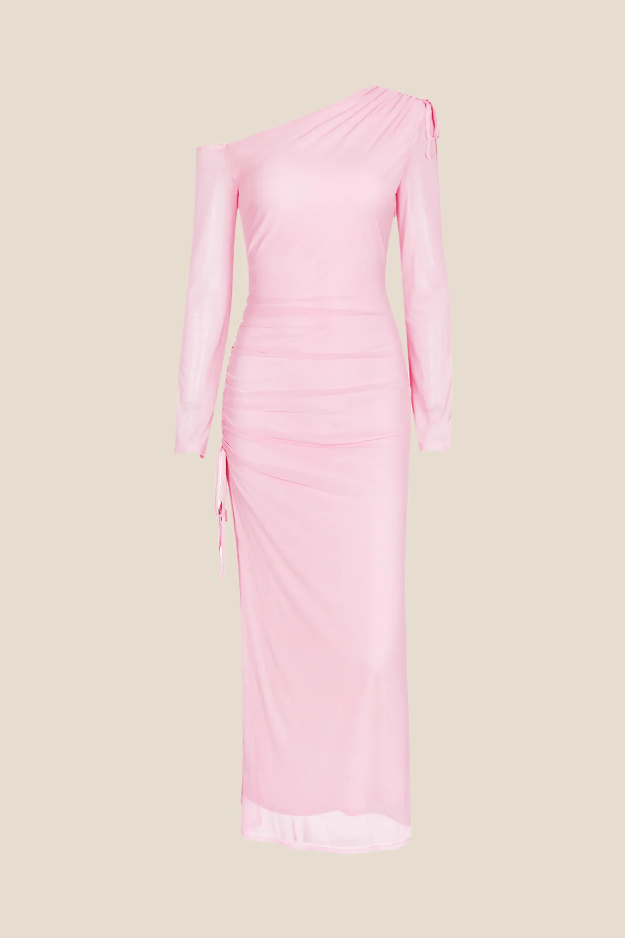 Long Sleeves Pink Ruched Long Dress with Slit