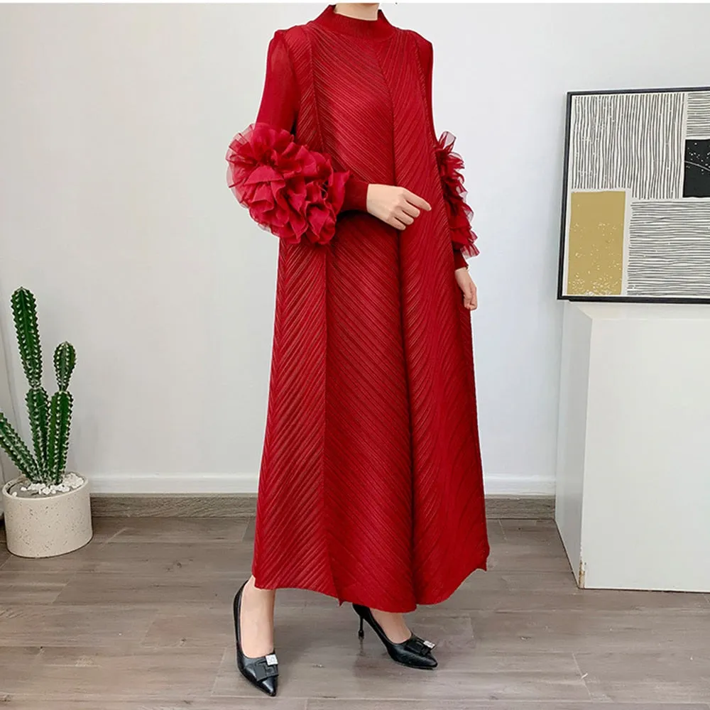 Loose Minimalist Ruffles Dresses For Women Round Neck Long Sleeve High Waist Pullover Dress Female Fashion