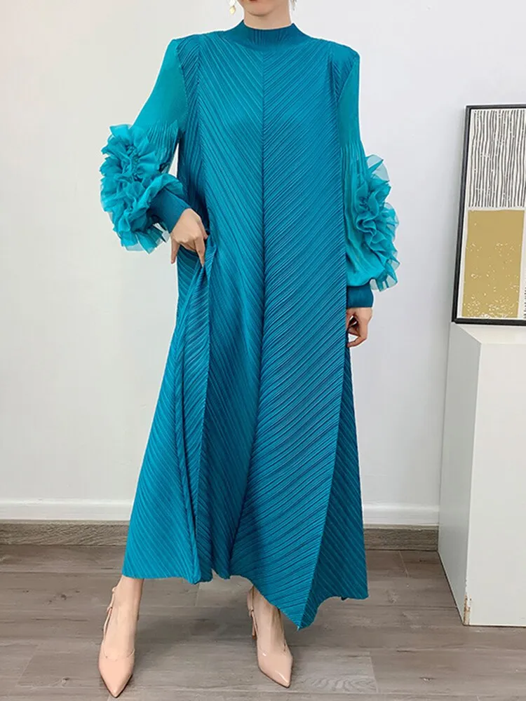Loose Minimalist Ruffles Dresses For Women Round Neck Long Sleeve High Waist Pullover Dress Female Fashion