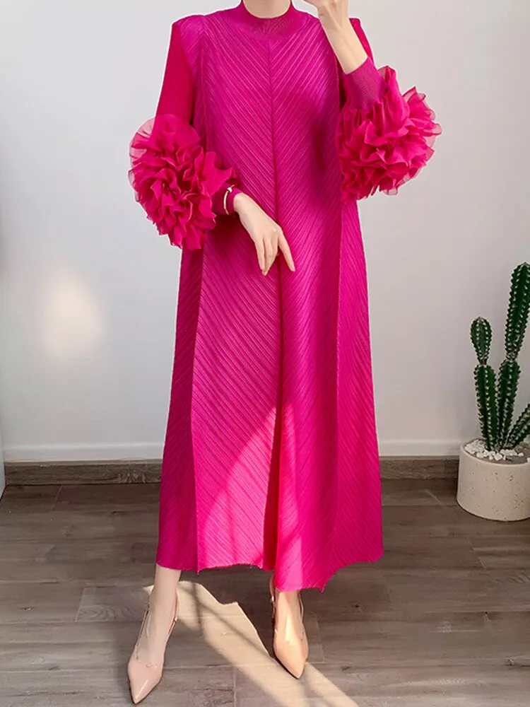 Loose Minimalist Ruffles Dresses For Women Round Neck Long Sleeve High Waist Pullover Dress Female Fashion