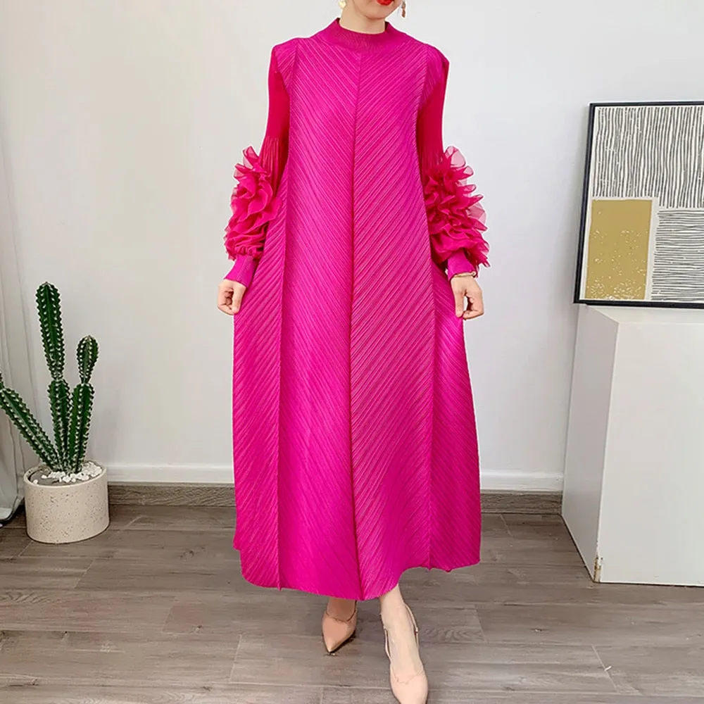 Loose Minimalist Ruffles Dresses For Women Round Neck Long Sleeve High Waist Pullover Dress Female Fashion