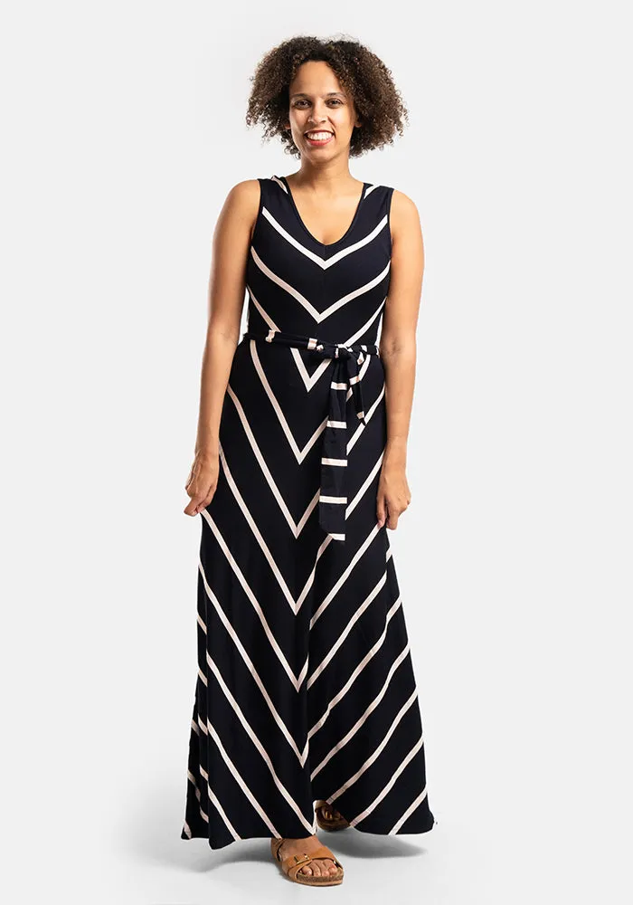 Maria Navy & Light Pink Chevron Maxi Dress