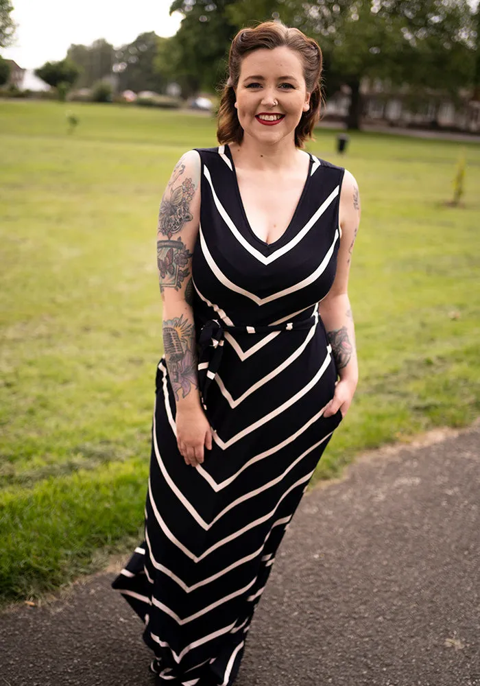 Maria Navy & Light Pink Chevron Maxi Dress