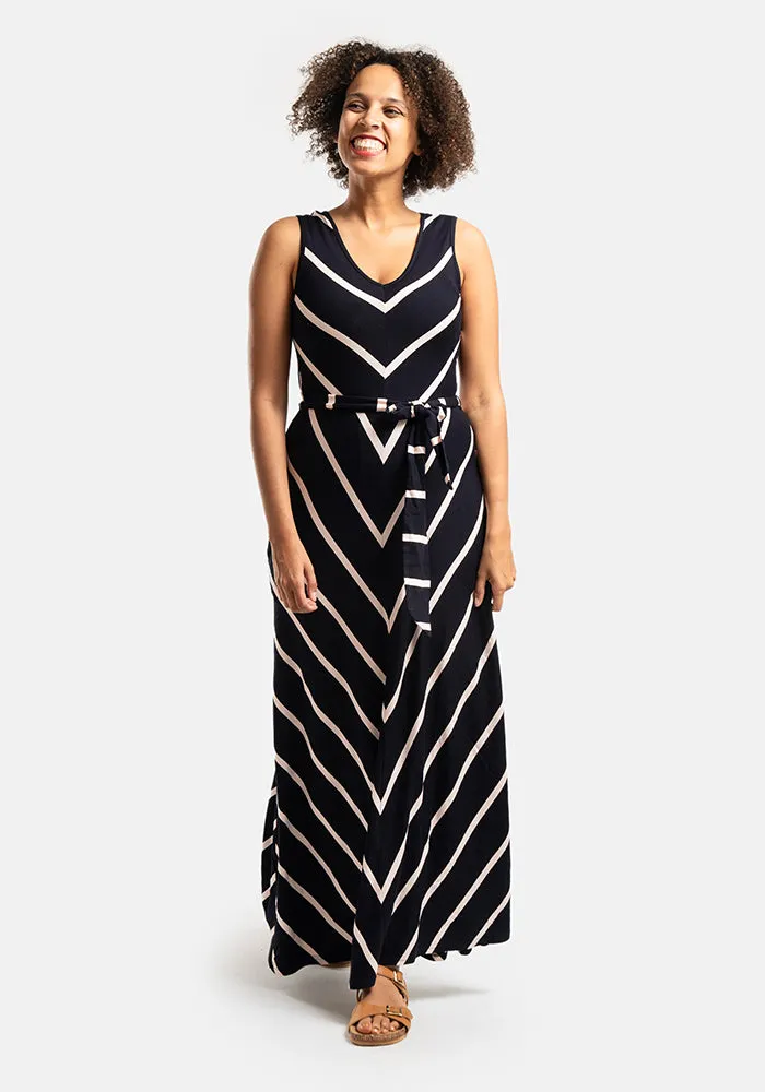Maria Navy & Light Pink Chevron Maxi Dress