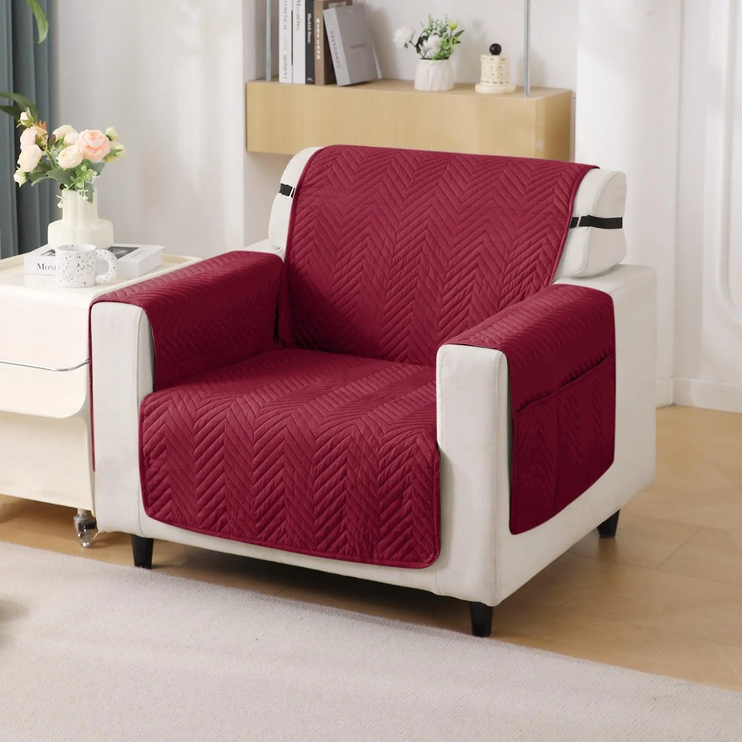 Maroon Quilted Sofa Mat Cover with Pockets | Non Slip & Full Fitted | 1/2/3 Seater
