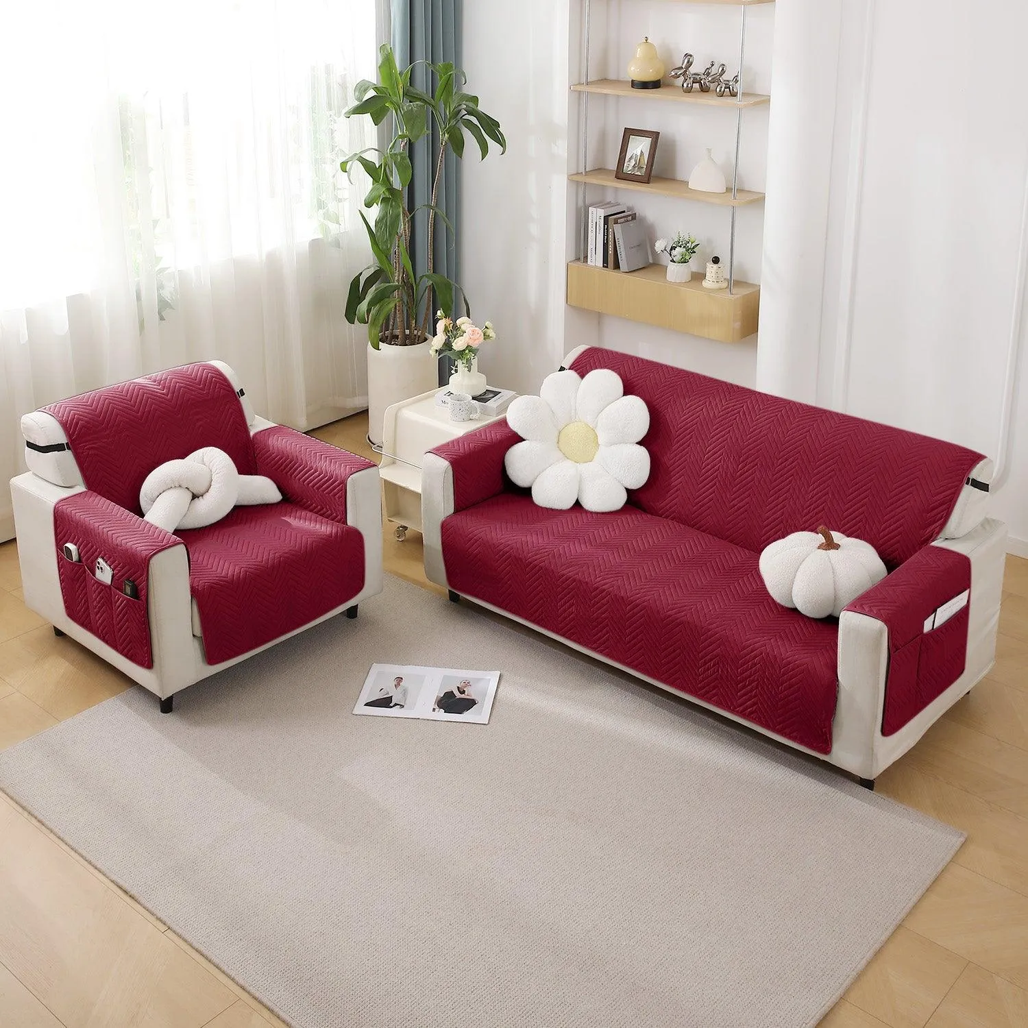 Maroon Quilted Sofa Mat Cover with Pockets | Non Slip & Full Fitted | 1/2/3 Seater