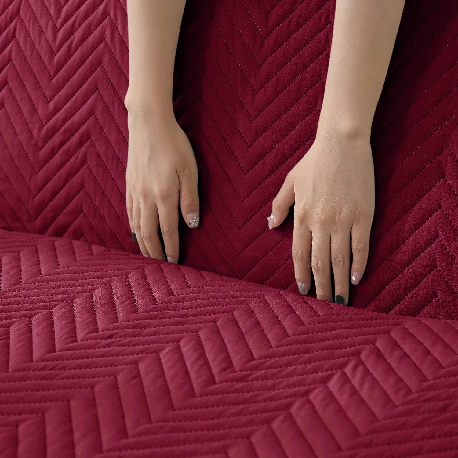 Maroon Quilted Sofa Mat Cover with Pockets | Non Slip & Full Fitted | 1/2/3 Seater