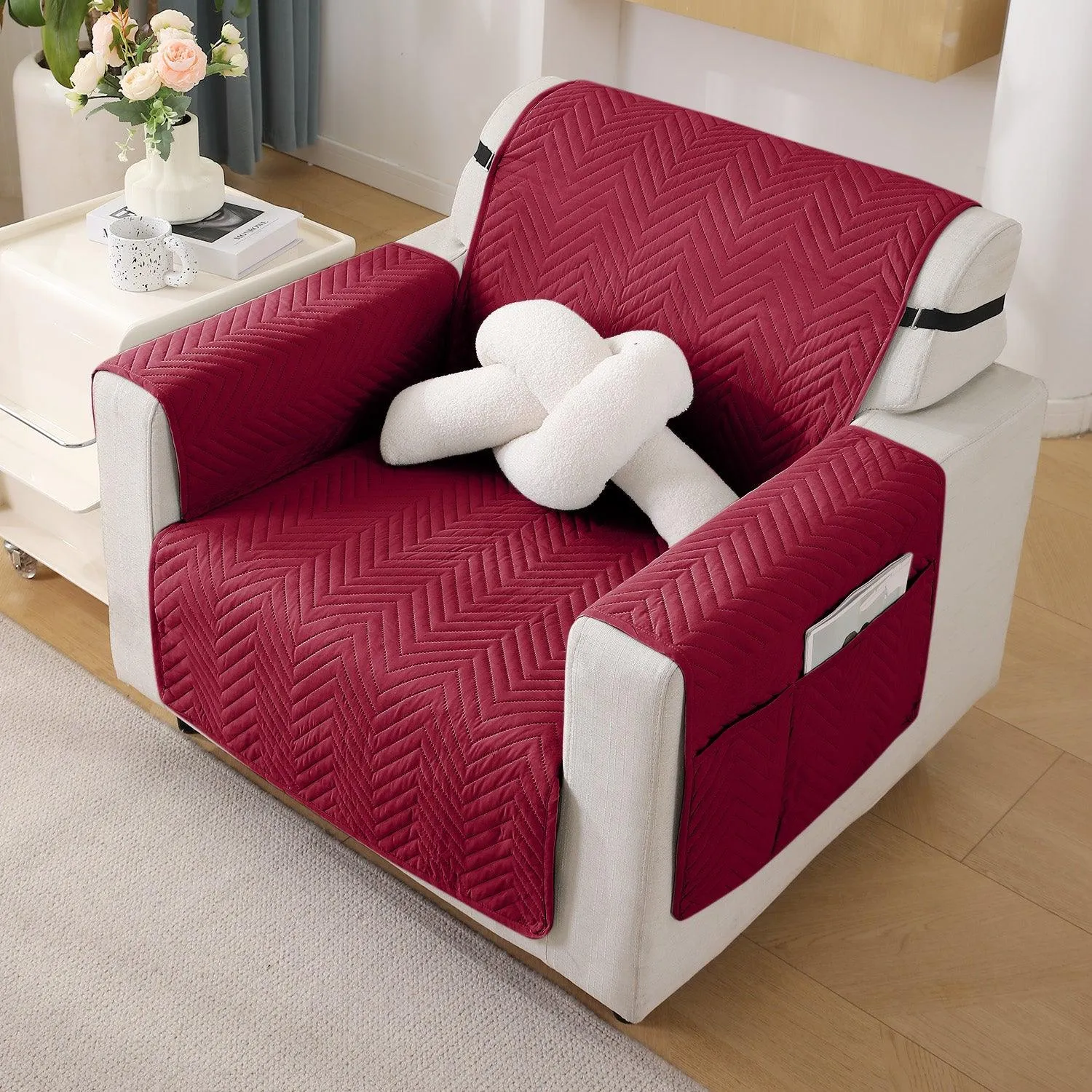 Maroon Quilted Sofa Mat Cover with Pockets | Non Slip & Full Fitted | 1/2/3 Seater