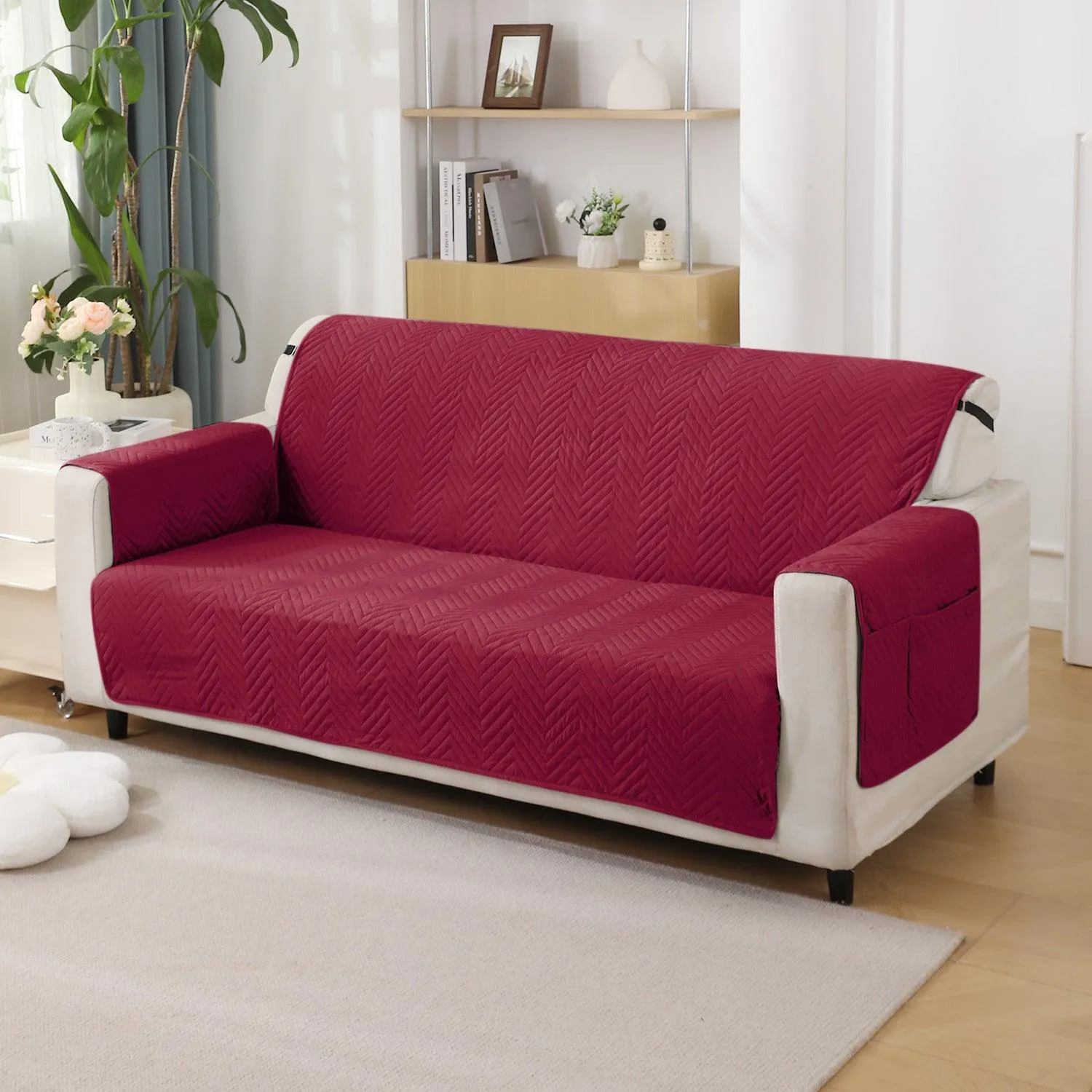 Maroon Quilted Sofa Mat Cover with Pockets | Non Slip & Full Fitted | 1/2/3 Seater