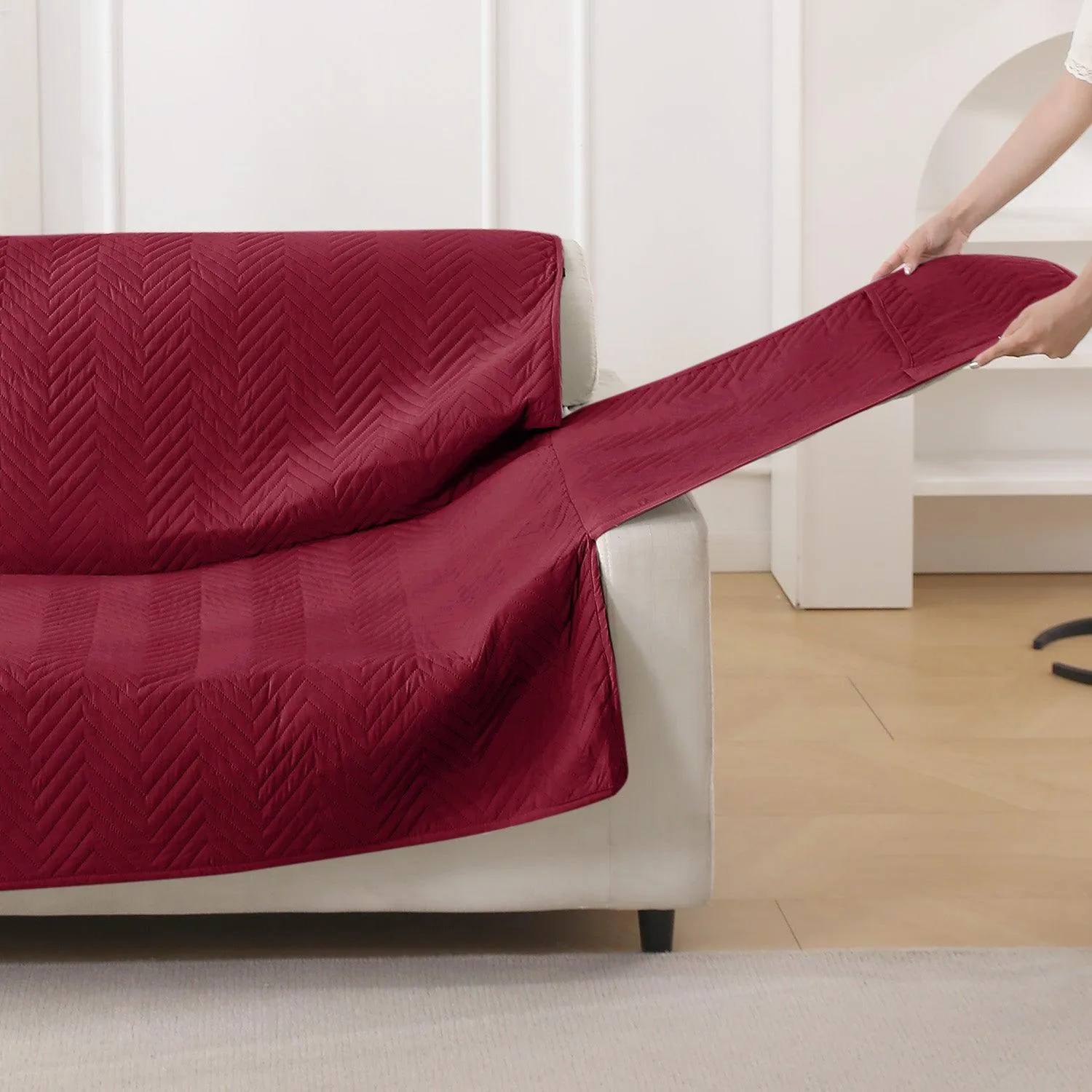 Maroon Quilted Sofa Mat Cover with Pockets | Non Slip & Full Fitted | 1/2/3 Seater