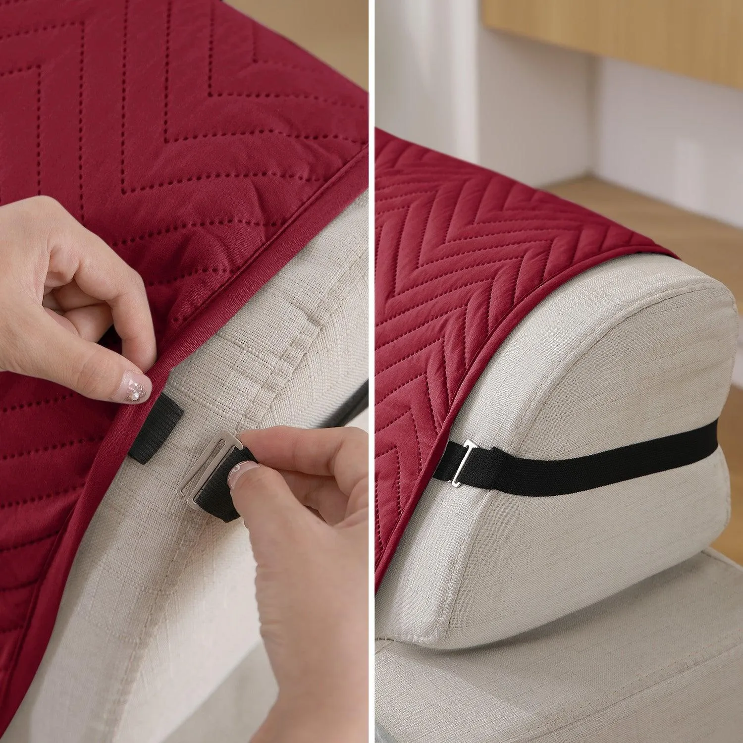 Maroon Quilted Sofa Mat Cover with Pockets | Non Slip & Full Fitted | 1/2/3 Seater