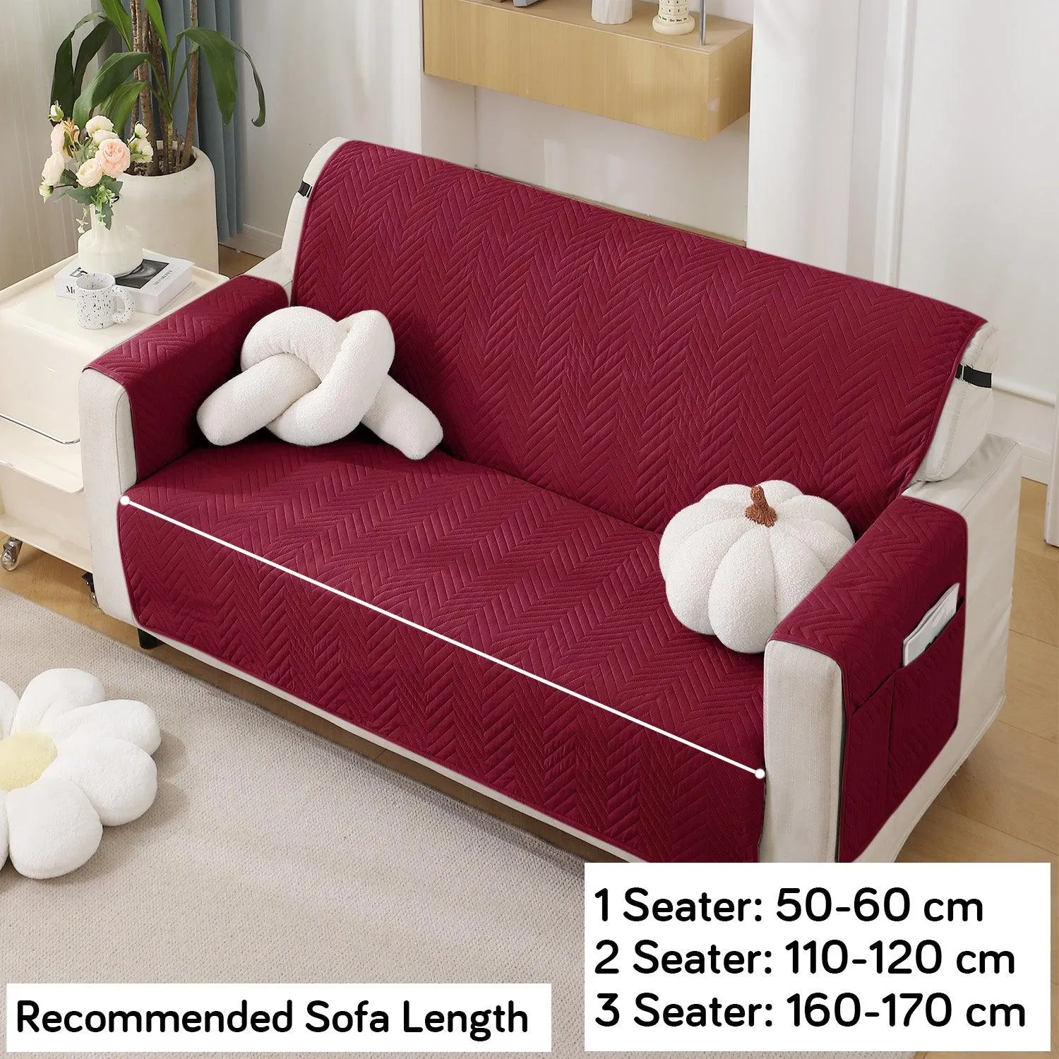 Maroon Quilted Sofa Mat Cover with Pockets | Non Slip & Full Fitted | 1/2/3 Seater